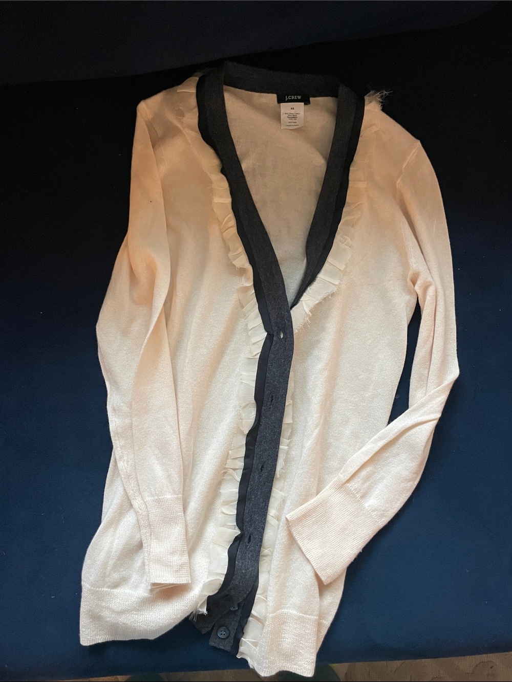 J. Crew Cream Cardigan with Black Trim and Ruffle